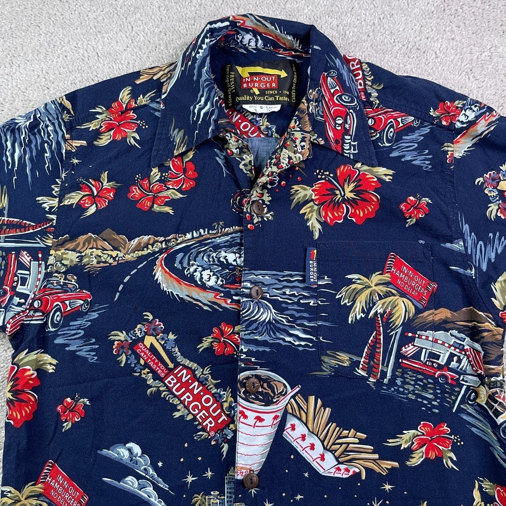 Vintage In N Out Burger Hawaiian Shirt Mens Small Blue Resort Camp Luau Y2K